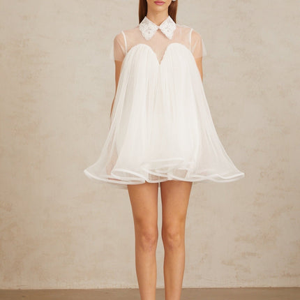 Hope White Mini Dress Lace Trim Tulle Flounce Hem Short Sleeves Loose Fit