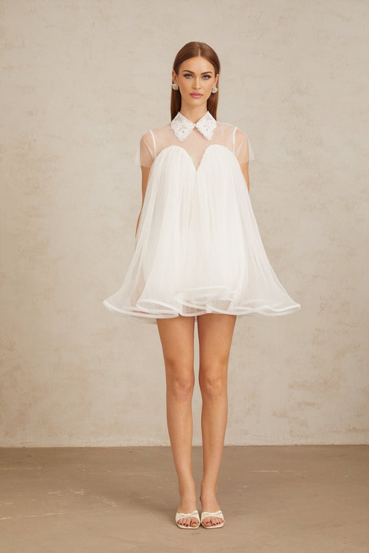 Hope White Mini Dress Lace Trim Tulle Flounce Hem Short Sleeves Loose Fit
