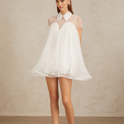 Hope White Mini Dress with Lace Trim Tulle Skirt and Flounce Hem