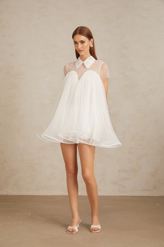 Hope White Mini Dress with Lace Trim Tulle Skirt and Flounce Hem
