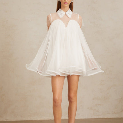 Hope White Mini Dress with Lace Trim Tulle Fabric Voluminous Skirt and Flounce Hem