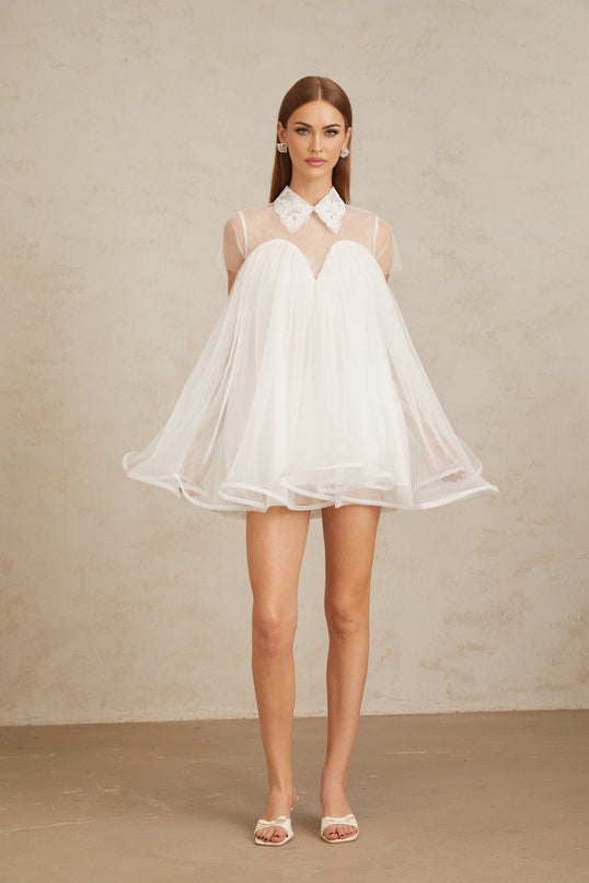 Hope White Mini Dress with Lace Trim Tulle Fabric Voluminous Skirt and Flounce Hem