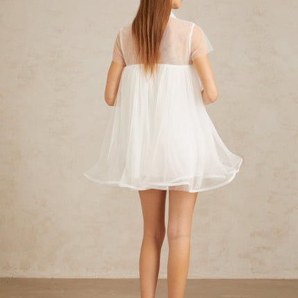 Hope White Tulle Lace Trim Mini Dress with Flounce Hem