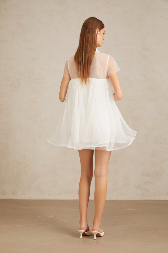 Hope White Tulle Lace Trim Mini Dress with Flounce Hem