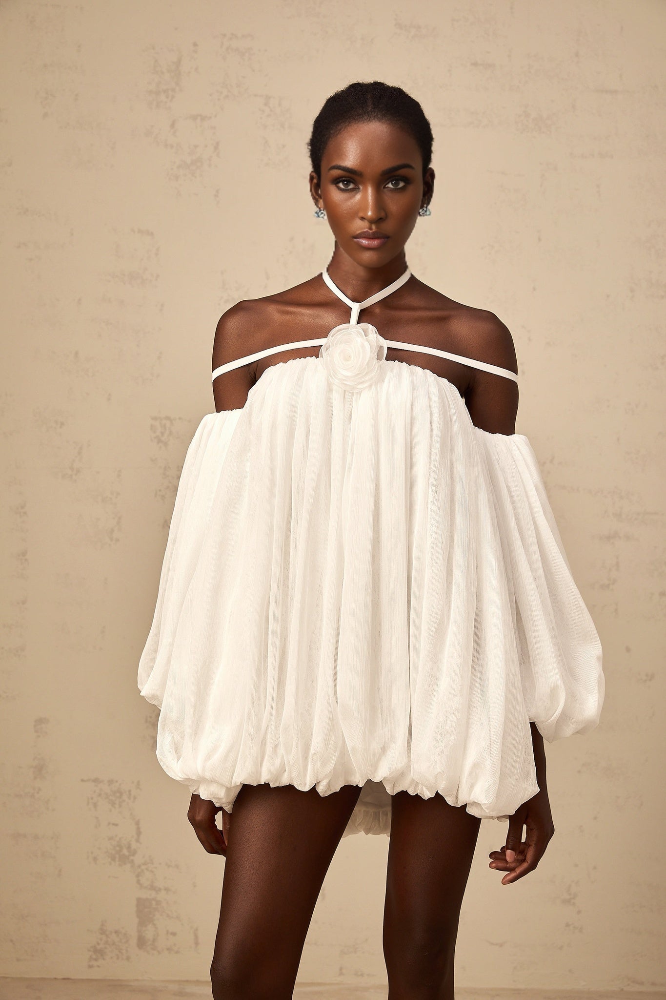 Hortense white floralappliqué pleated tulle mini dress