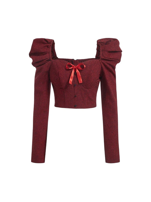 Red checked crop blouse with puff sleeves and satin bow