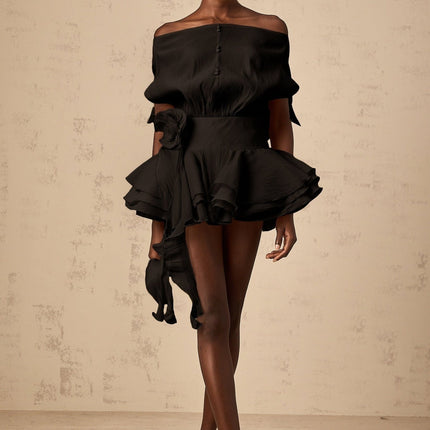 Hunter Black Floral Appliqué Off-the-Shoulder Mini Dress