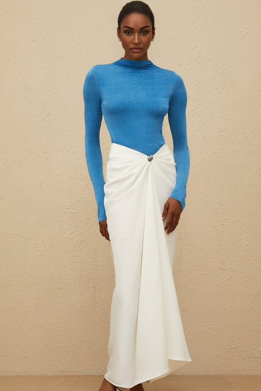Hunter Blue Bodysuit Skirt Set Turtleneck Maxi Skirt White Ruched Silver-tone Hardware High Rise Long Sleeves Zip Closure Fitted
