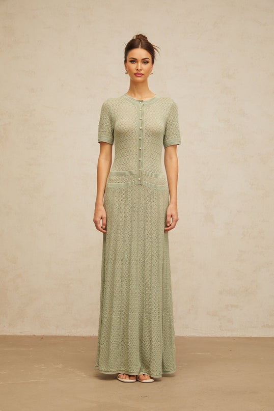 Hunter Green Crochet Knit Maxi Dress with Faux-Pearl Buttons