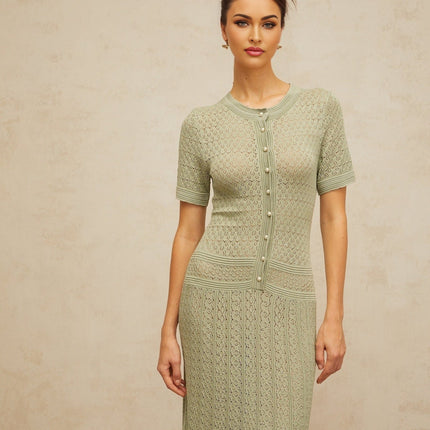 Hunter Green Crochet Knit Maxi Dress with Faux-Pearl Buttons