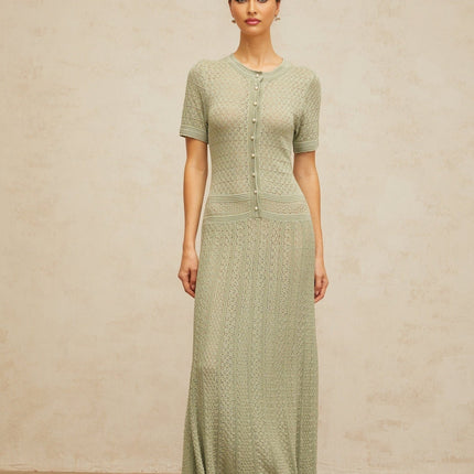 Hunter Green Crochet Knit Maxi Dress with Faux-Pearl Buttons and Shirred Effect