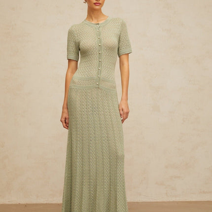 Hunter Green Crochet Knit Maxi Dress with Faux-Pearl Buttons and Shirred Effect