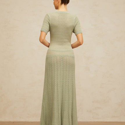 Hunter Green Crochet Knit Maxi Dress with Faux-Pearl Buttons and Pointelle Trim