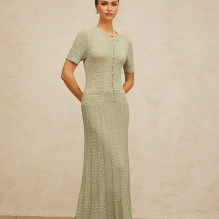 Hunter Green Crochet Knit Maxi Dress with Faux-Pearl Buttons and Pointelle Trim
