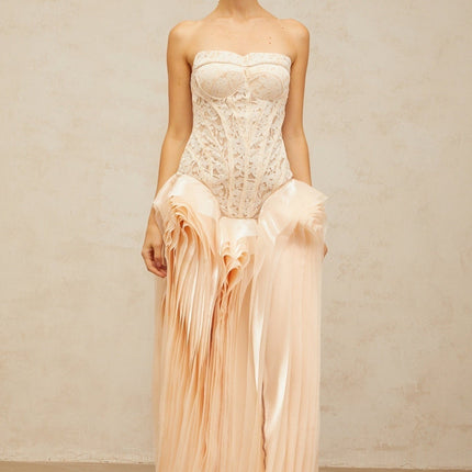 Hunter Neutrals Lace Overlay Maxi Dress Corset Bodice Peplum Waist Layered Design Lace-Up Fastening Chest Pads Terylene Fiber