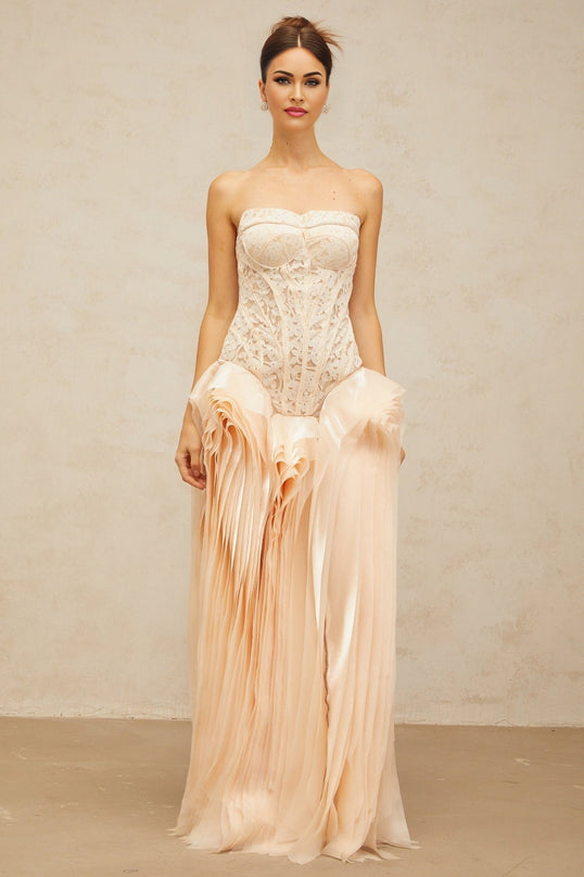 Hunter Neutrals Lace Overlay Maxi Dress Corset Bodice Peplum Waist Layered Design Lace-Up Fastening Chest Pads Terylene Fiber
