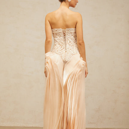 Hunter Neutrals Lace Overlay Maxi Dress Corset Peplum Waist Layered Design Rear Lace-Up Fastening Delicate Chest Pads Formal Occasion Terylene Fiber