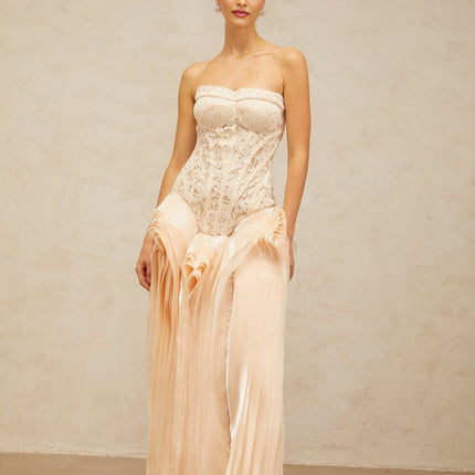 Hunter Neutrals Lace Overlay Maxi Dress with Boned Bodice and Peplum Waist