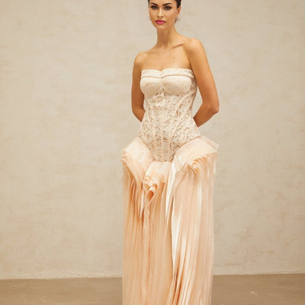 Hunter Neutrals Lace Overlay Maxi Dress Corset Bodice Peplum Waist Layered Design Rear Lace-Up Fastening Delicate Chest Pads Formal Occasion 100% Terylene Fiber