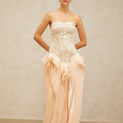 Hunter Neutrals Lace Overlay Maxi Dress with Corset Bodice and Peplum Waist