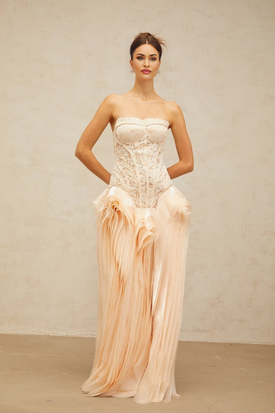 Hunter Neutrals Lace Overlay Maxi Dress with Corset Bodice and Peplum Waist