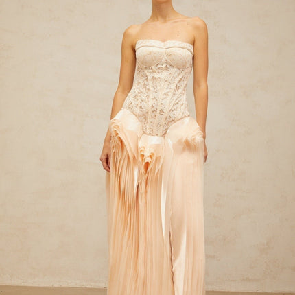 Hunter Neutrals Lace Overlay Maxi Dress with Peplum Waist and Lace-Up Fastening