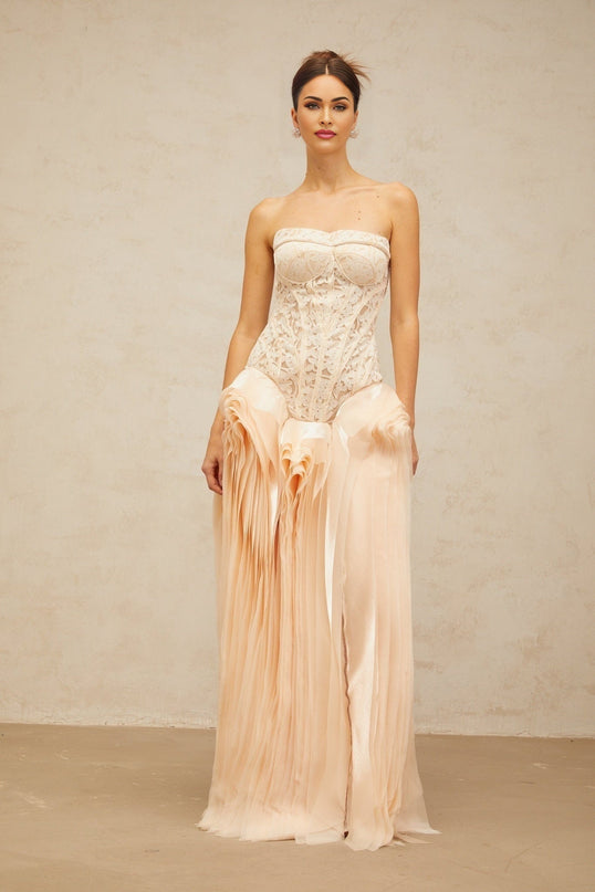 Hunter Neutrals Lace Overlay Maxi Dress with Peplum Waist and Lace-Up Fastening