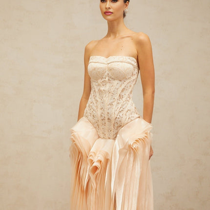 Hunter Neutrals Lace Overlay Maxi Dress with Corset Bodice and Peplum Waist