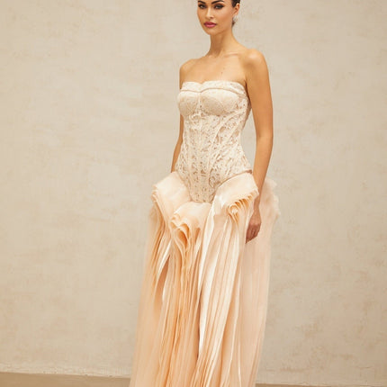 Hunter Neutrals Lace Overlay Maxi Dress with Peplum Waist and Corset Bodice