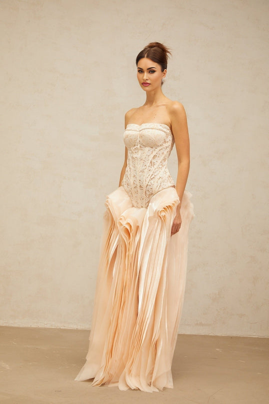 Hunter Neutrals Lace Overlay Maxi Dress with Peplum Waist and Corset Bodice