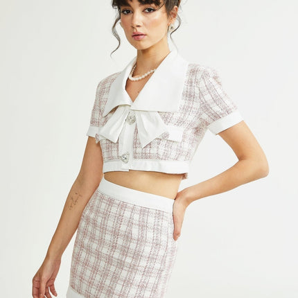 Hunter Pink and White Tweed Skirt and Top Set in Cropped Length