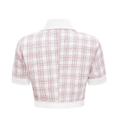 Hunter Pink White Tweed Skirt Top Set Cropped Length Polyester Cotton Blend Elegant Sophisticated Fashion Forward Style