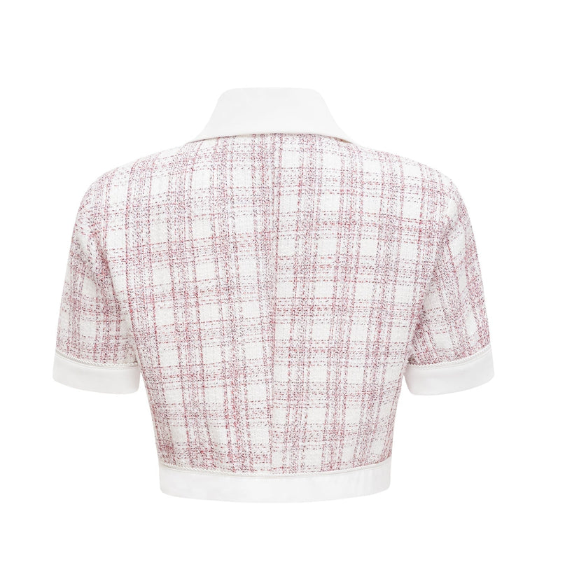 Hunter Pink White Tweed Skirt Top Set Cropped Length Polyester Cotton Blend Elegant Sophisticated Fashion Forward Style
