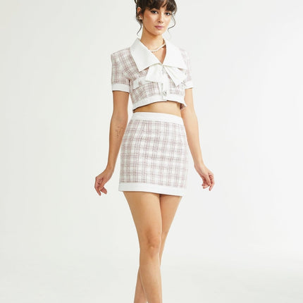 Hunter Pink White Tweed Skirt Top Set