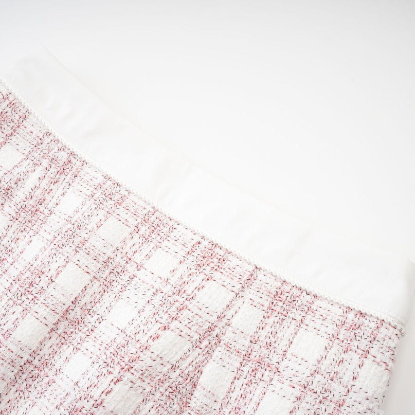 Hunter Pink and White Tweed Skirt and Top Set with short sleeves and lapels