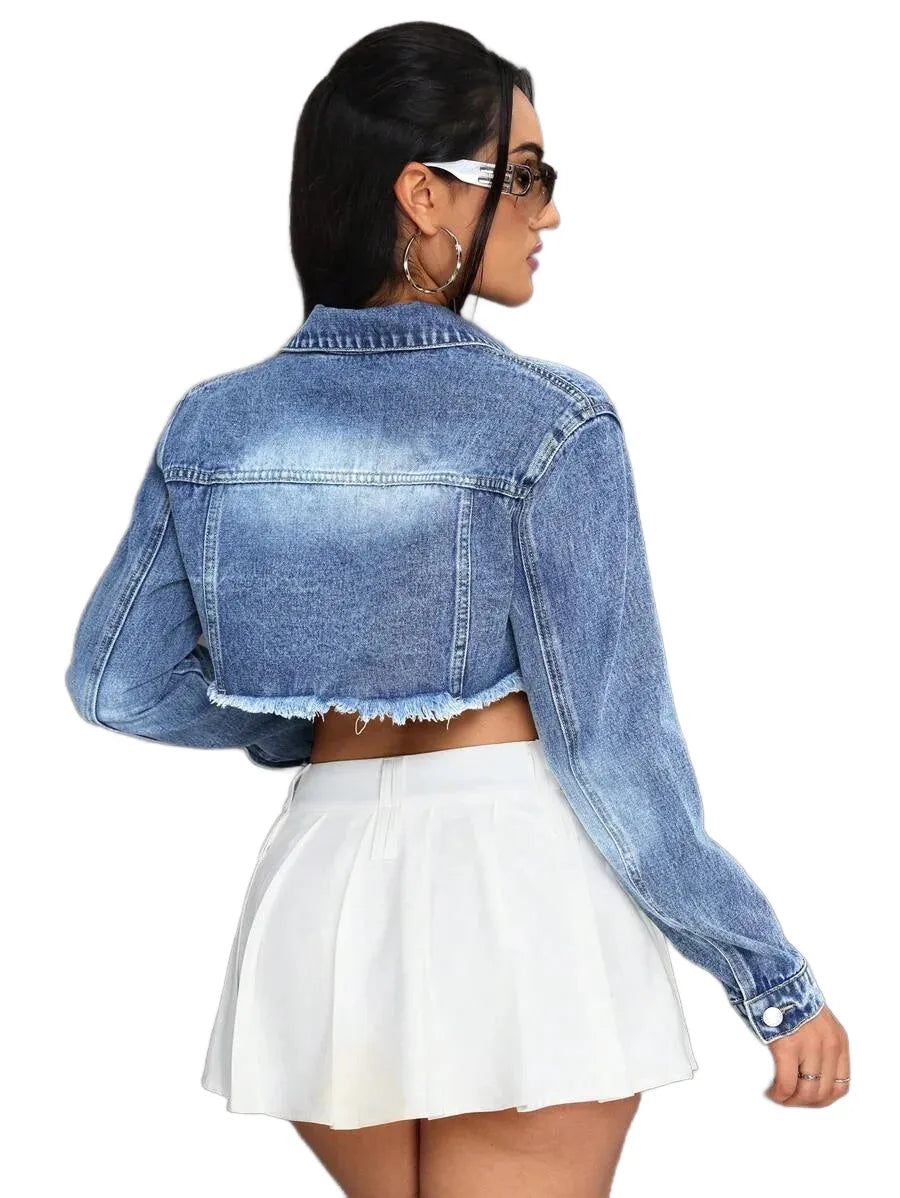 ICON Ripped Raw Hem Washed Denim Jacket Short