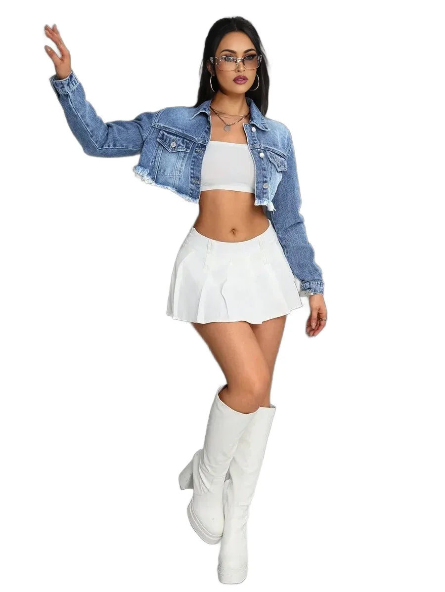 ICON Ripped Raw Hem Washed Denim Jacket Short
