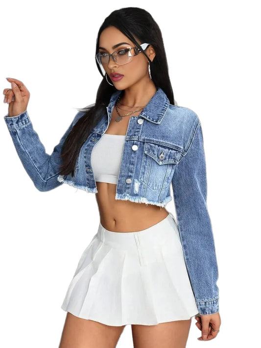 ICON Ripped Raw Hem Washed Denim Jacket Short