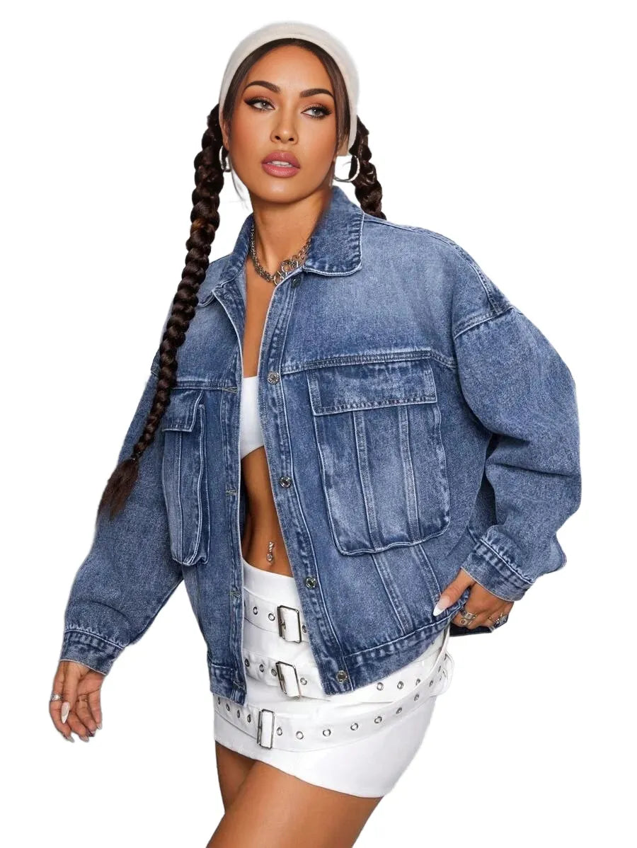 ICON Womens Casual Flap Pocket Front Button Washed Denim Jacket Suitable For Autumn