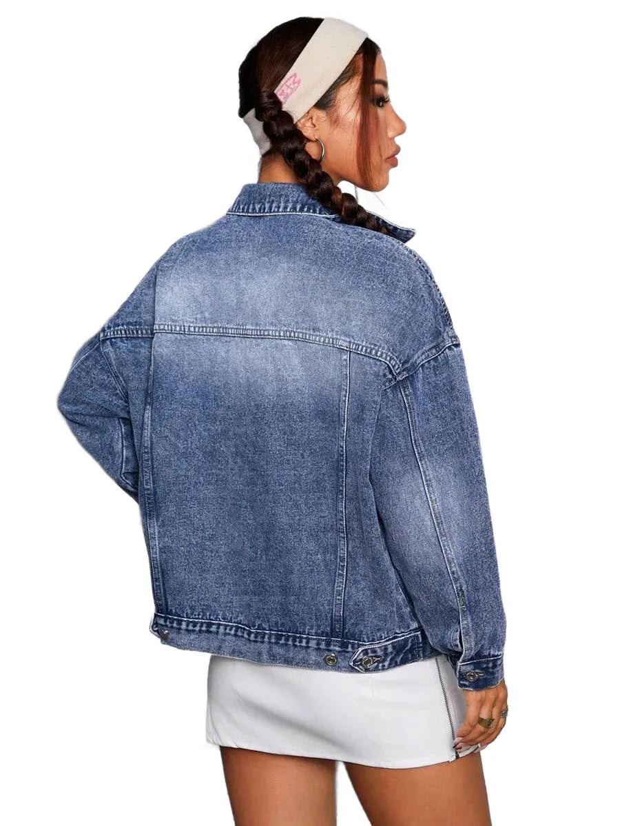 ICON Womens Casual Flap Pocket Front Button Washed Denim Jacket Suitable For Autumn
