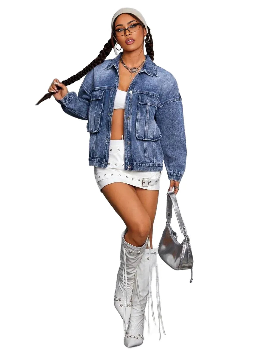 ICON Womens Casual Flap Pocket Front Button Washed Denim Jacket Suitable For Autumn