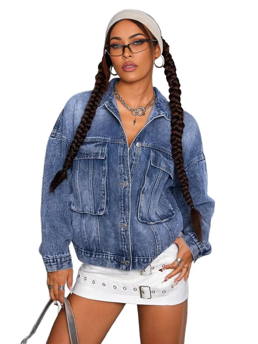 ICON Womens Casual Flap Pocket Front Button Washed Denim Jacket Suitable For Autumn