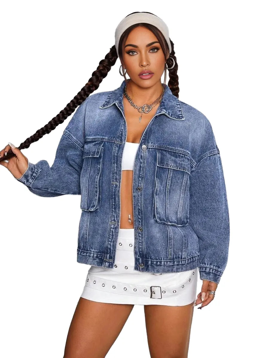 ICON Womens Casual Flap Pocket Front Button Washed Denim Jacket Suitable For Autumn