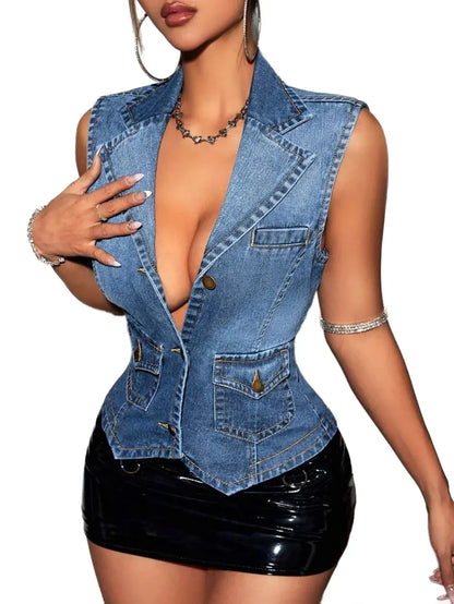 ICON Womens Solid Color Sleeveless Denim Jacket With Front Button Closure And Pockets