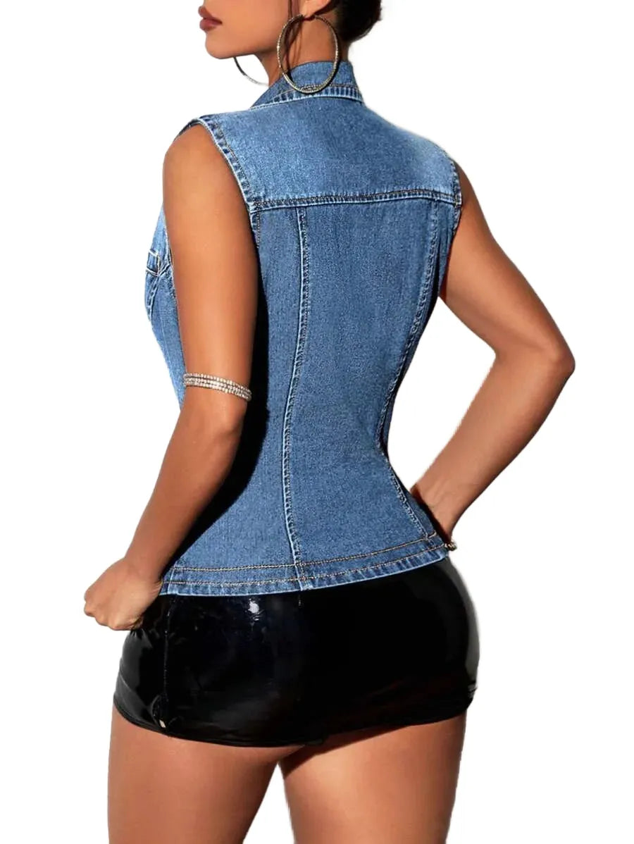 ICON Womens Solid Color Sleeveless Denim Jacket With Front Button Closure And Pockets