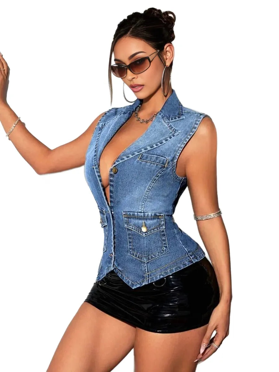ICON Womens Solid Color Sleeveless Denim Jacket With Front Button Closure And Pockets