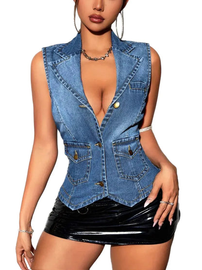 ICON Womens Solid Color Sleeveless Denim Jacket With Front Button Closure And Pockets