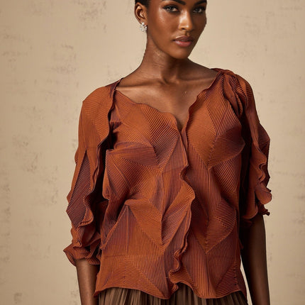 Ida Brown Maxi Skirt and Top Set in Luxurious Terylene Fiber