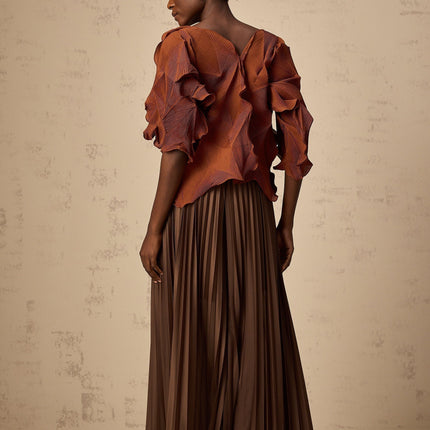 Ida Brown Pleated Maxi Skirt and V-Neck Top Set