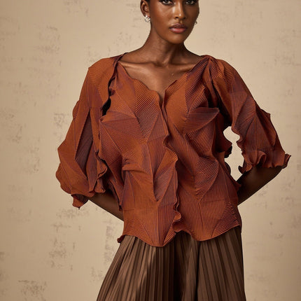 Ida Brown Pleated Maxi Skirt and V-Neck Top Set